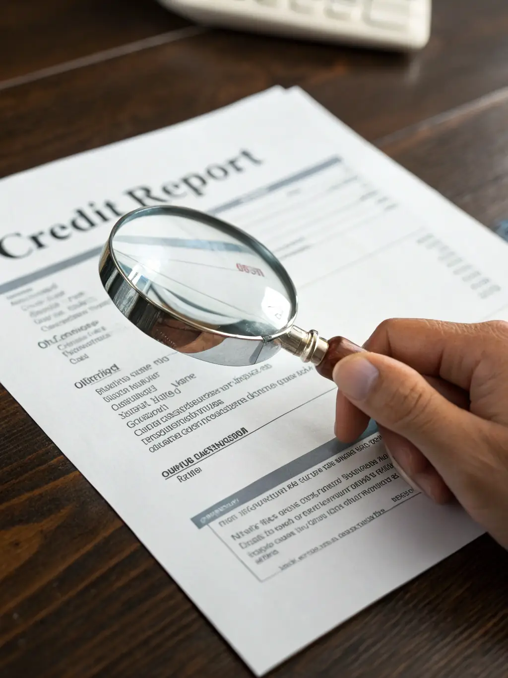 A close-up shot of a magnifying glass over a credit report, highlighting the detailed analysis involved in identifying inaccuracies.