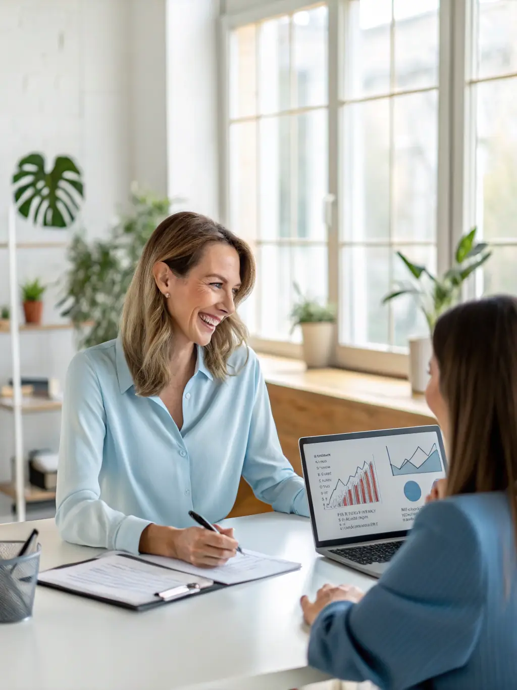 A person receiving financial advice, representing the educational component of credit restoration.